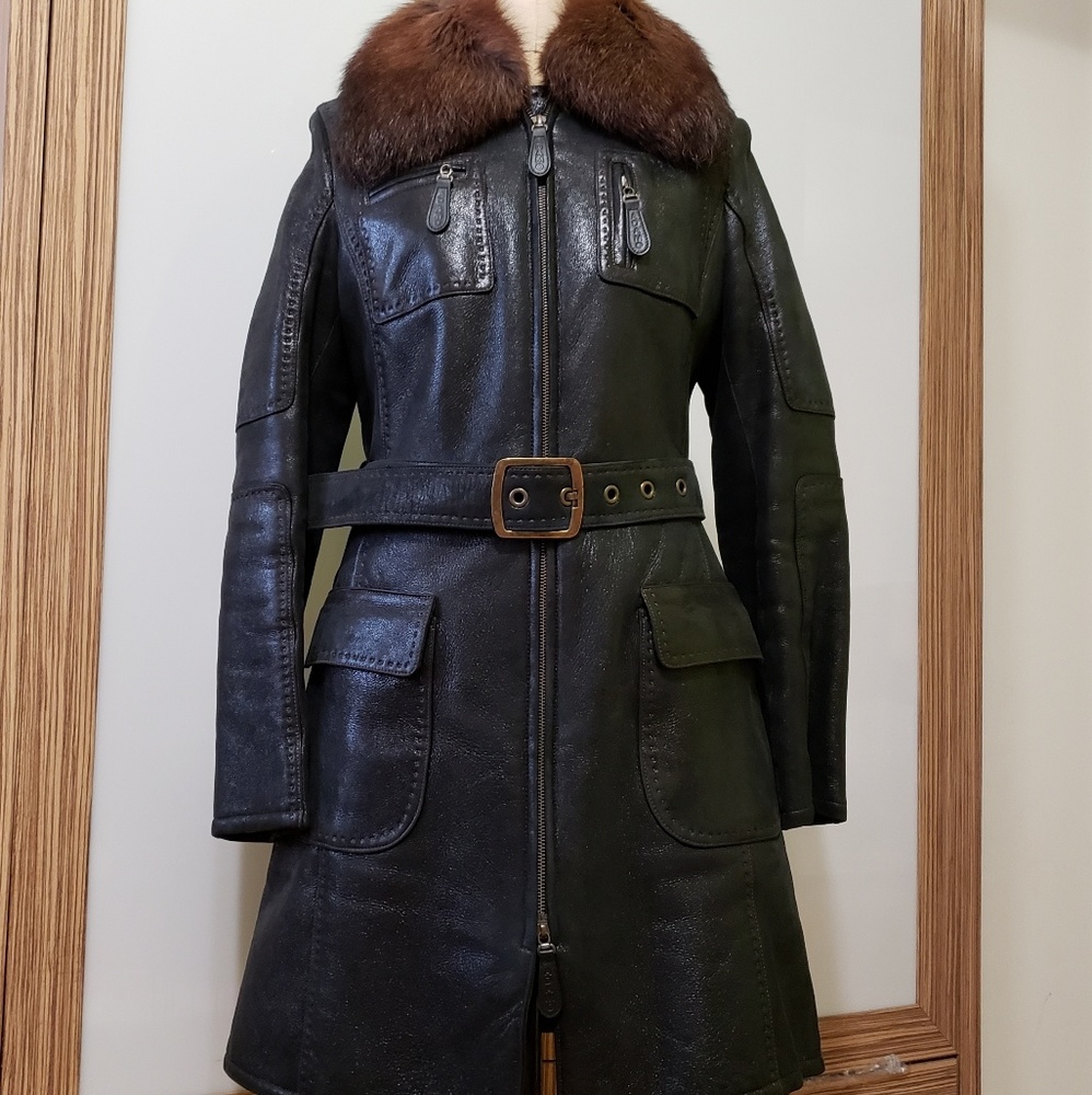 Dark brown shinny sheepskin coat size 42 or 4-6